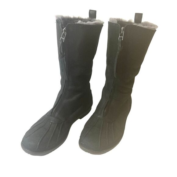 UGG Waterproof Tall Boot Black Leather Womens 8.5 Faux Fur Lining Zip Up 1012514 - Picture 1 of 13